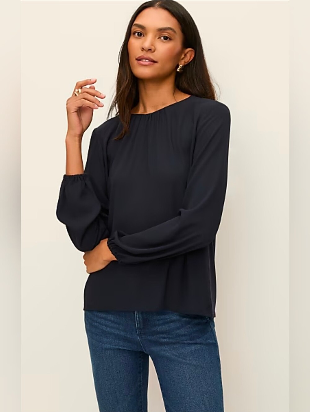 Ann Taylor Navy Long-Sleeve Puff-Sleeve Blouse Size S